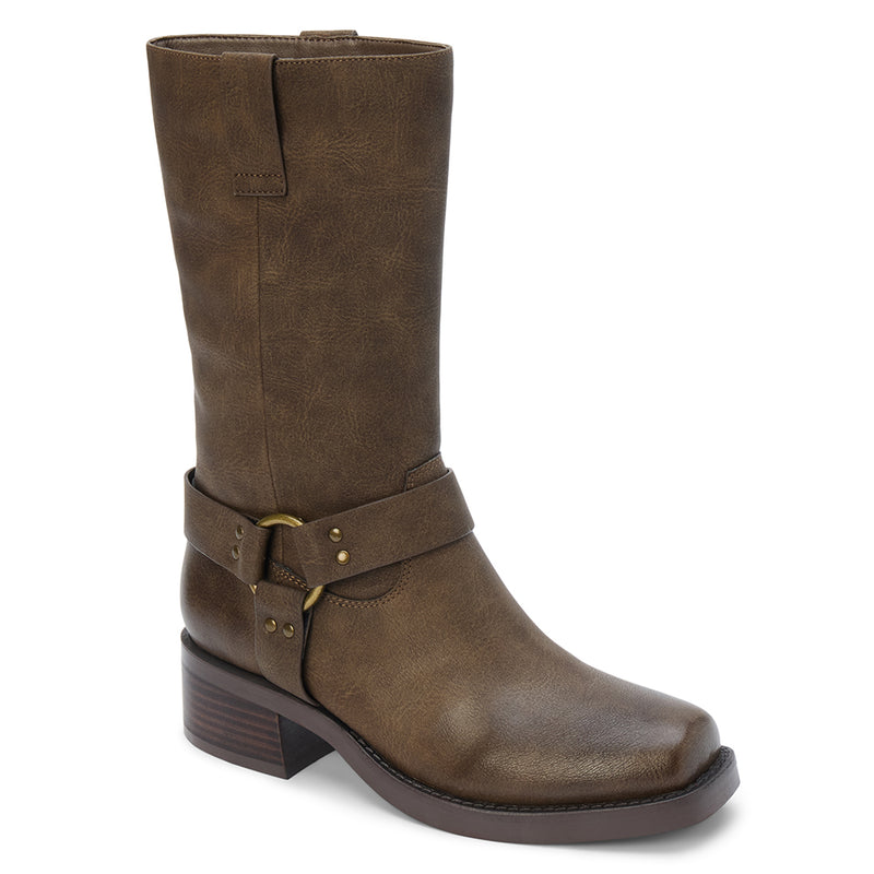 Autumn Moto Boot – Coconuts by Matisse – Brown faux leather mid-calf boot with harness strap detailing, square toe, and low leather-stacked heel.