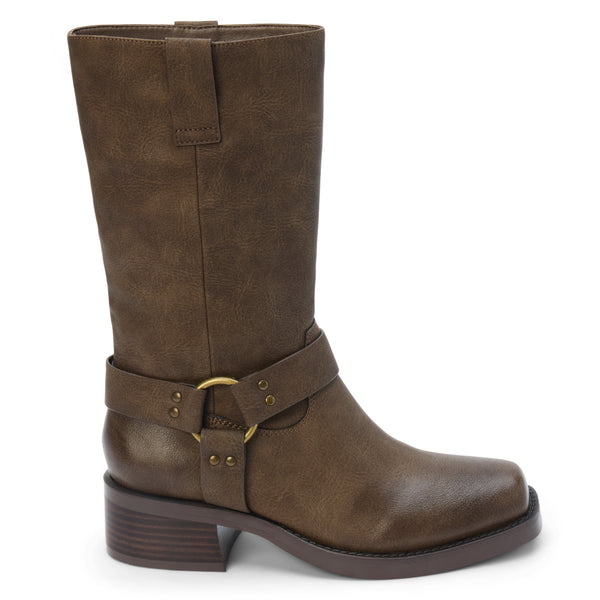 Autumn Moto Boot – Coconuts by Matisse – Brown faux leather mid-calf boot with harness strap detailing, square toe, and low leather-stacked heel.