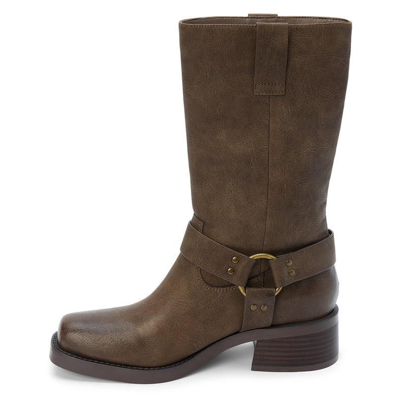 Autumn Moto Boot – Coconuts by Matisse – Brown faux leather mid-calf boot with harness strap detailing, square toe, and low leather-stacked heel.