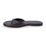 Chocolate brown leather slide sandal with minimalist thong strap and padded footbed, shown on a white background.
