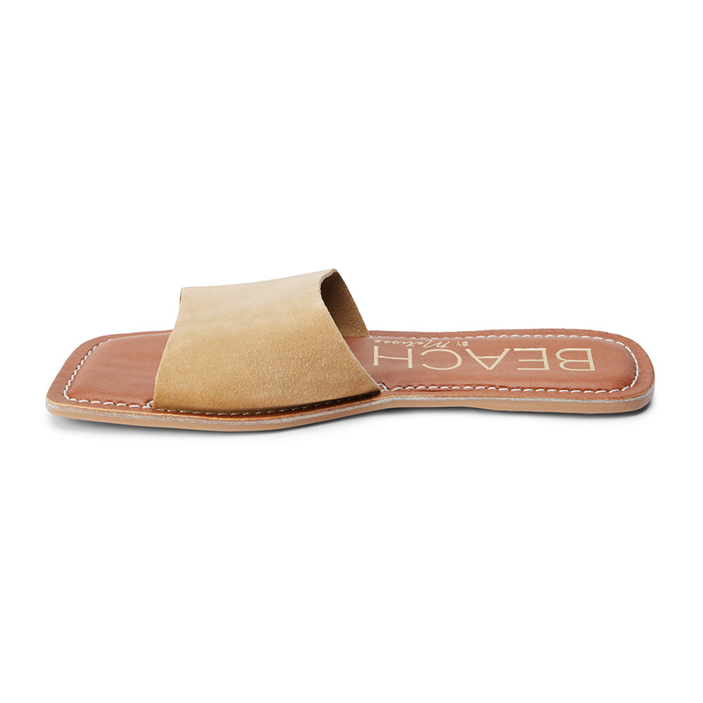 Cream suede slide sandals with a simple single-band design, perfect for casual summer wear and effortless style.