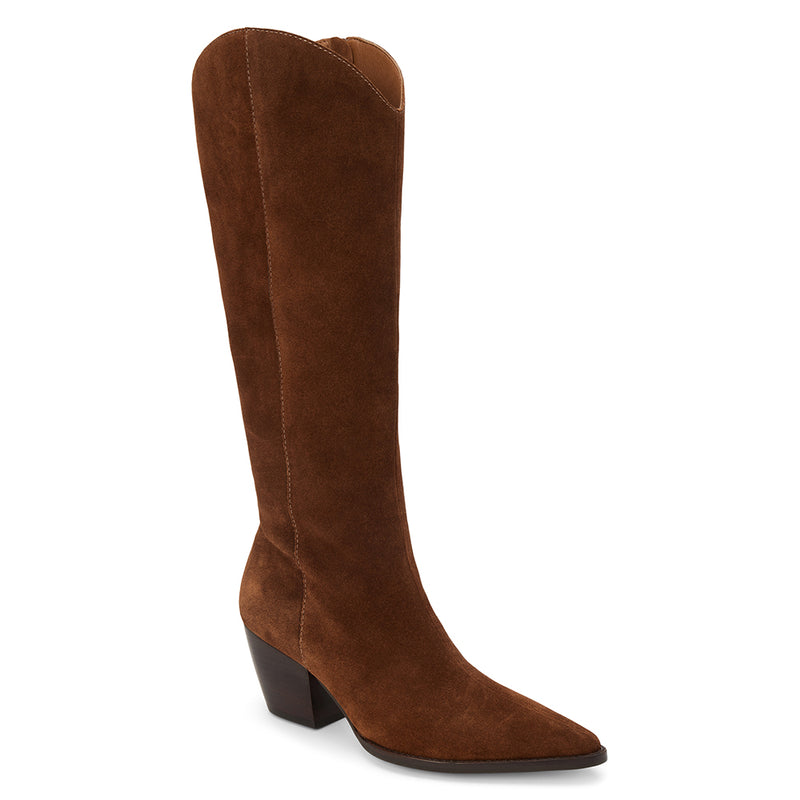 Bellamy Western Boot – Matisse Footwear – Coffee brown tall western-inspired boot with pointed toe, curved top shaft, and angled block heel in supple suede.