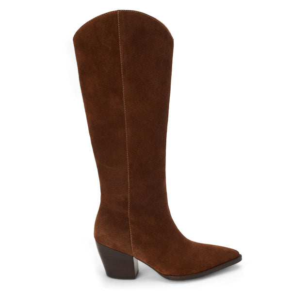 Bellamy Western Boot – Matisse Footwear – Coffee brown tall western-inspired boot with pointed toe, curved top shaft, and angled block heel in supple suede.