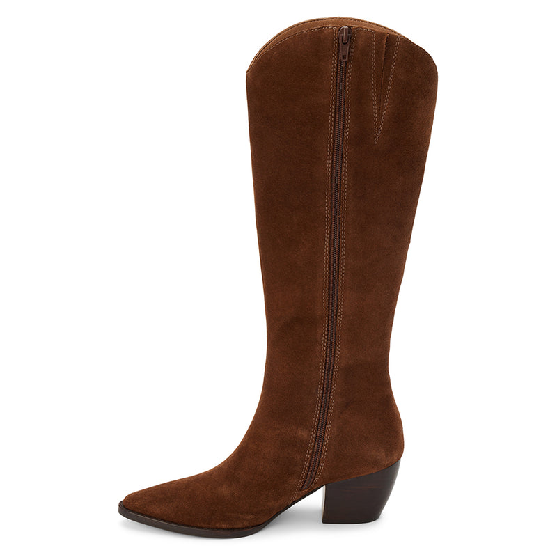 Bellamy Western Boot – Matisse Footwear – Coffee brown tall western-inspired boot with pointed toe, curved top shaft, and angled block heel in supple suede.