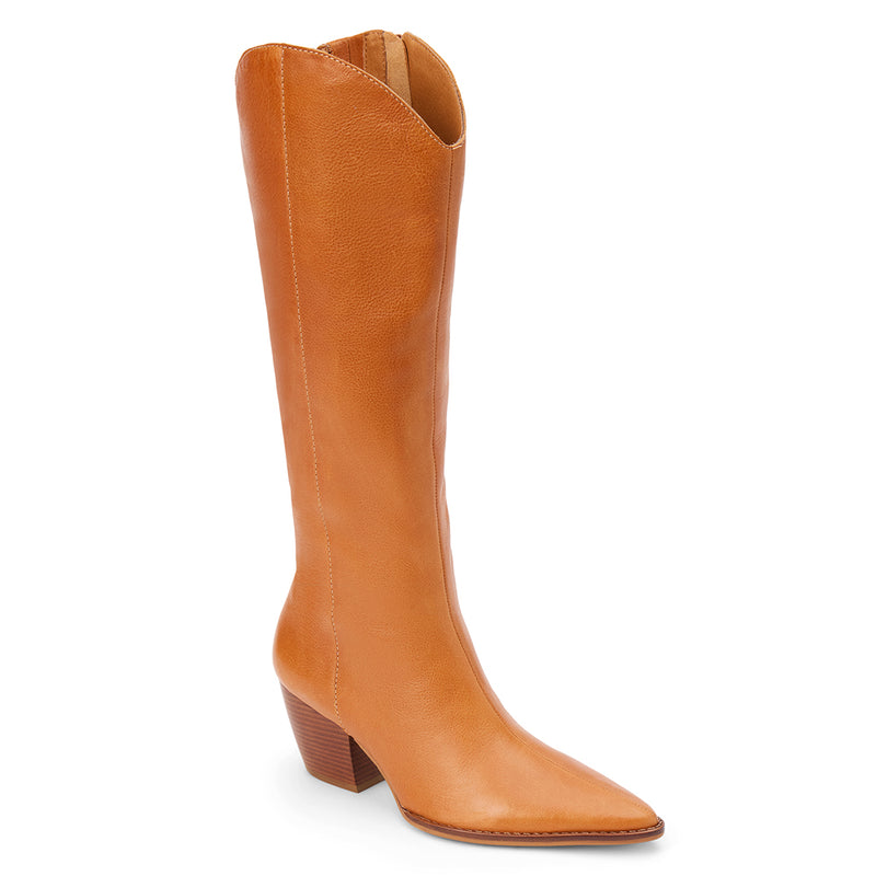 Bellamy Western Boot – Matisse Footwear – Tan tall western-inspired boot with pointed toe, curved top shaft, and angled block heel in distressed leather.