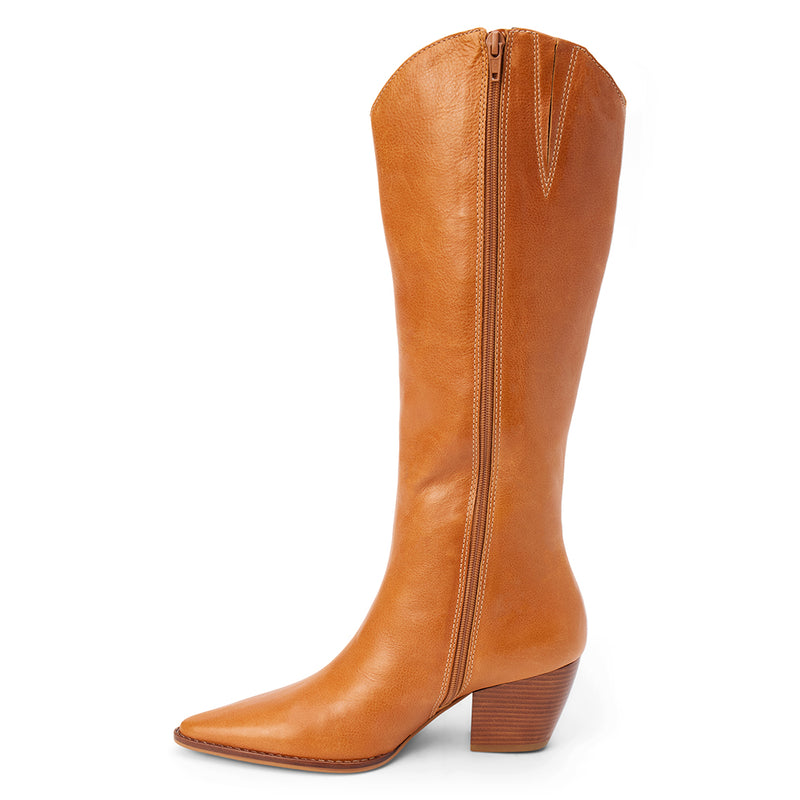 Bellamy Western Boot – Matisse Footwear – Tan tall western-inspired boot with pointed toe, curved top shaft, and angled block heel in distressed leather.