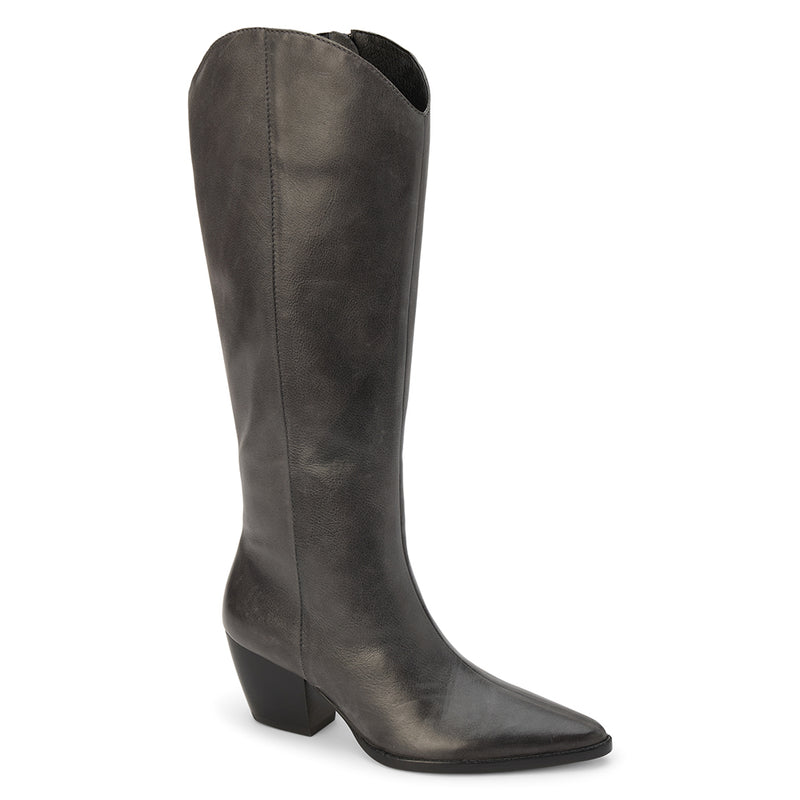 Bellamy Western Boot – Matisse Footwear – Black tall western-inspired boot with pointed toe, curved top shaft, and angled block heel in distressed leather.