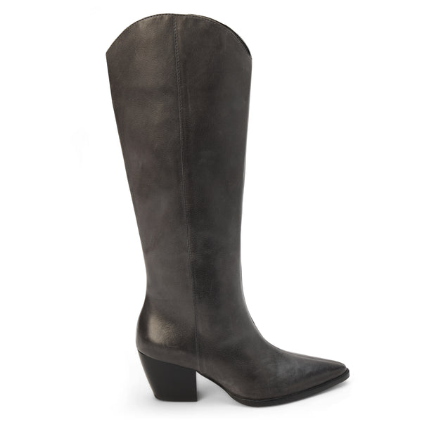 Bellamy Western Boot – Matisse Footwear – Black tall western-inspired boot with pointed toe, curved top shaft, and angled block heel in distressed leather.