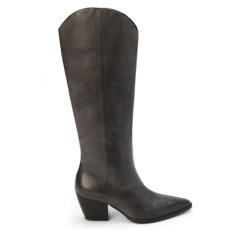 Bellamy Western Boot – Matisse Footwear – Black tall western-inspired boot with pointed toe, curved top shaft, and angled block heel in distressed leather.
