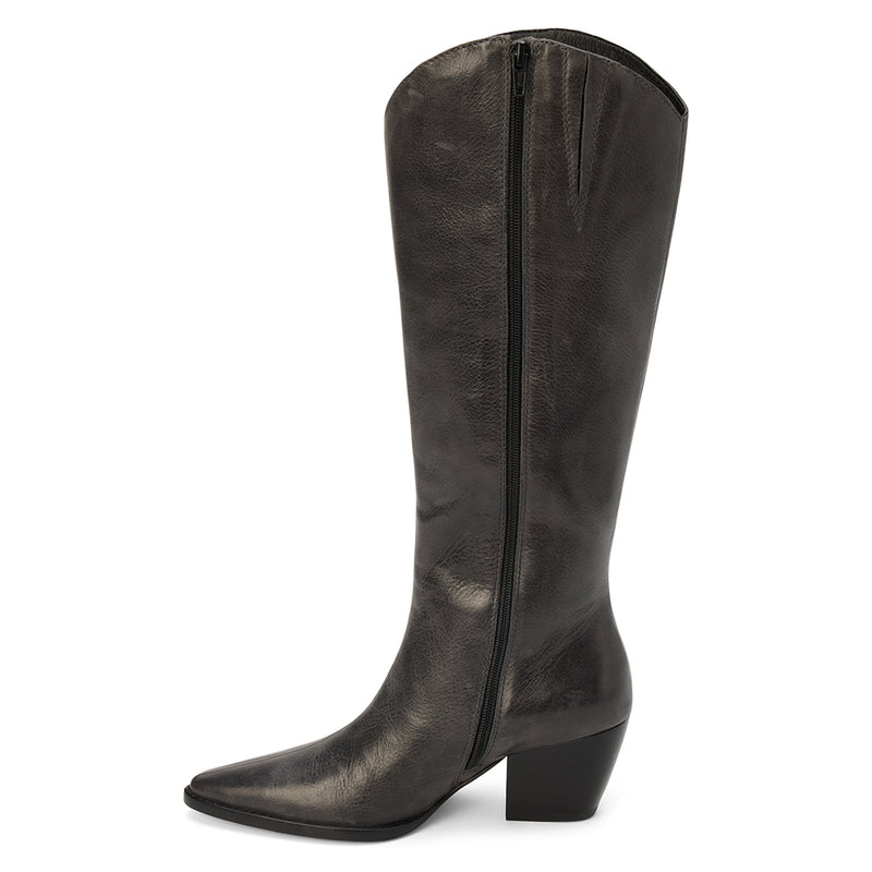 Bellamy Western Boot – Matisse Footwear – Black tall western-inspired boot with pointed toe, curved top shaft, and angled block heel in distressed leather.