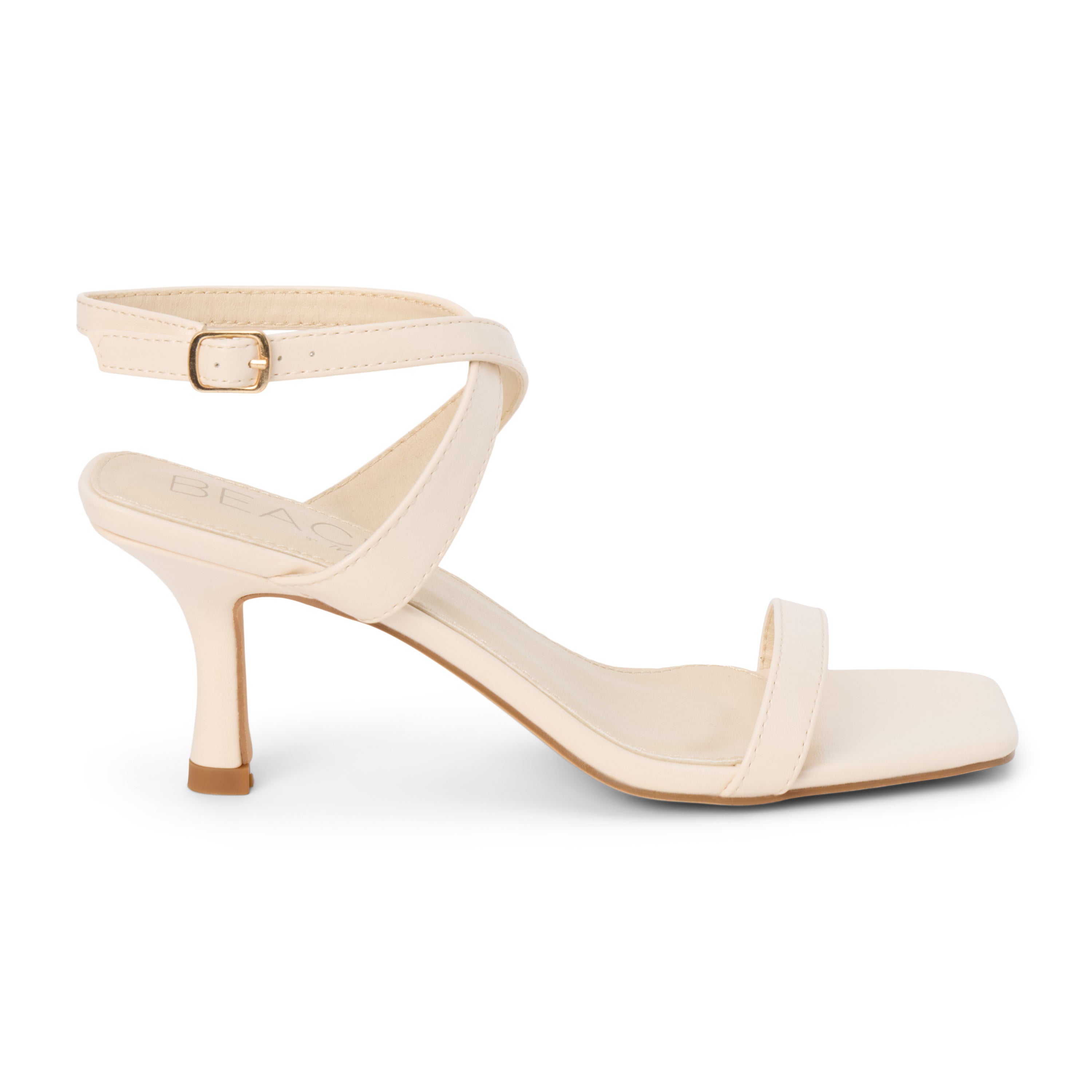 White faux leather heeled sandal with slim ankle strap, open square toe, mid-height heel, and buckle closure, shown on a white background.
