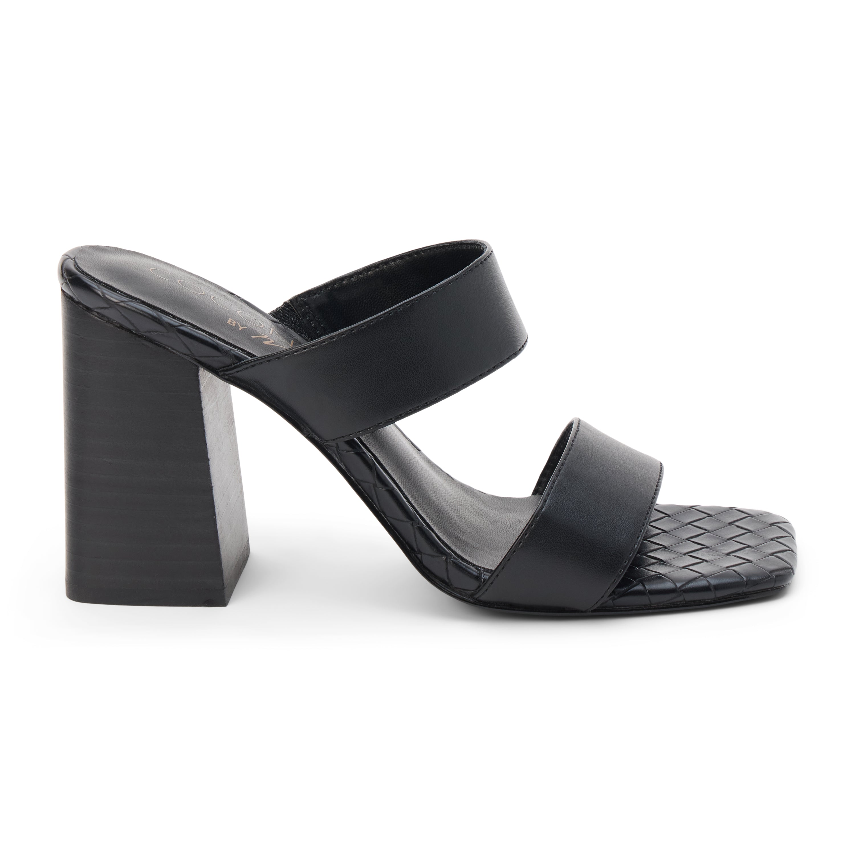 Black faux leather heeled sandal with wide straps, woven footbed, and tall block heel, shown on a white background.