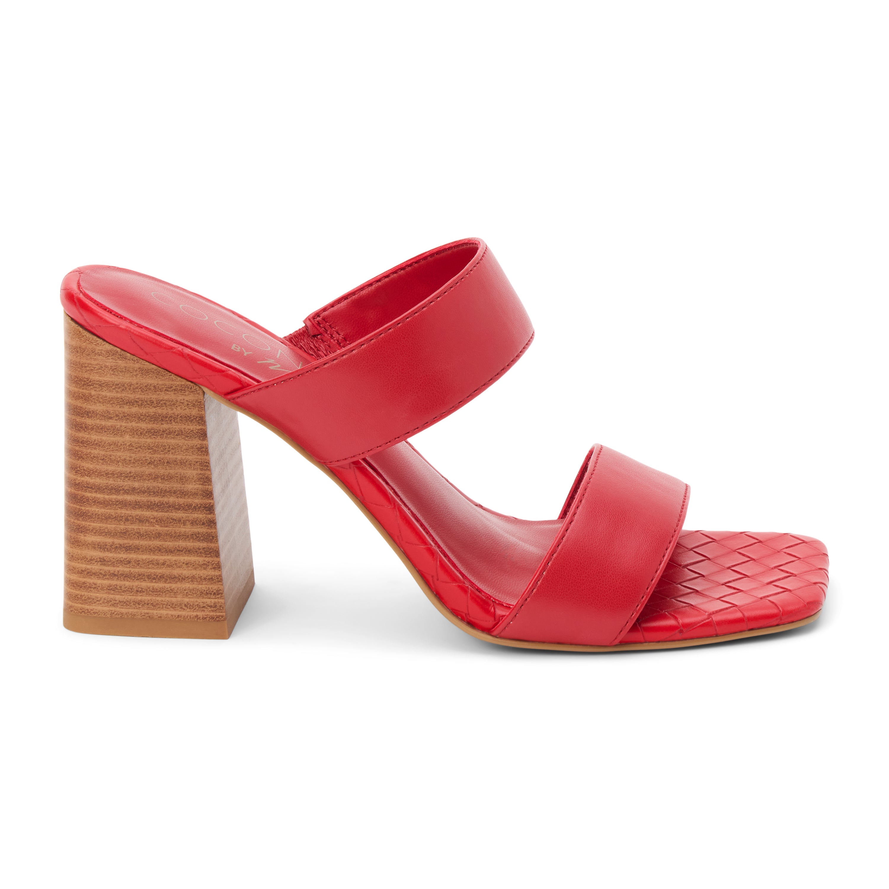 Red faux leather heeled sandal with wide straps, woven footbed, and tall block heel, shown on a white background.