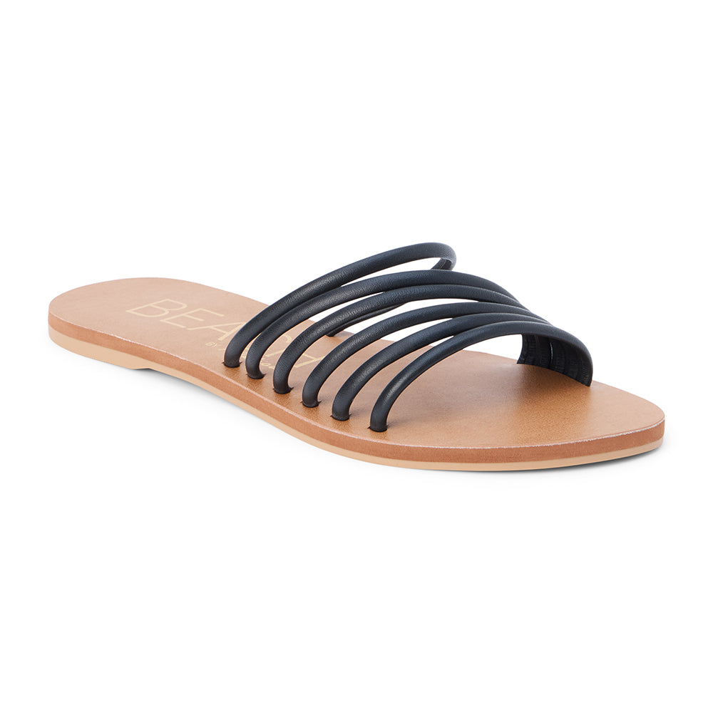 Black leather flat slide sandal with slim multi straps and open toe, shown on a white background.