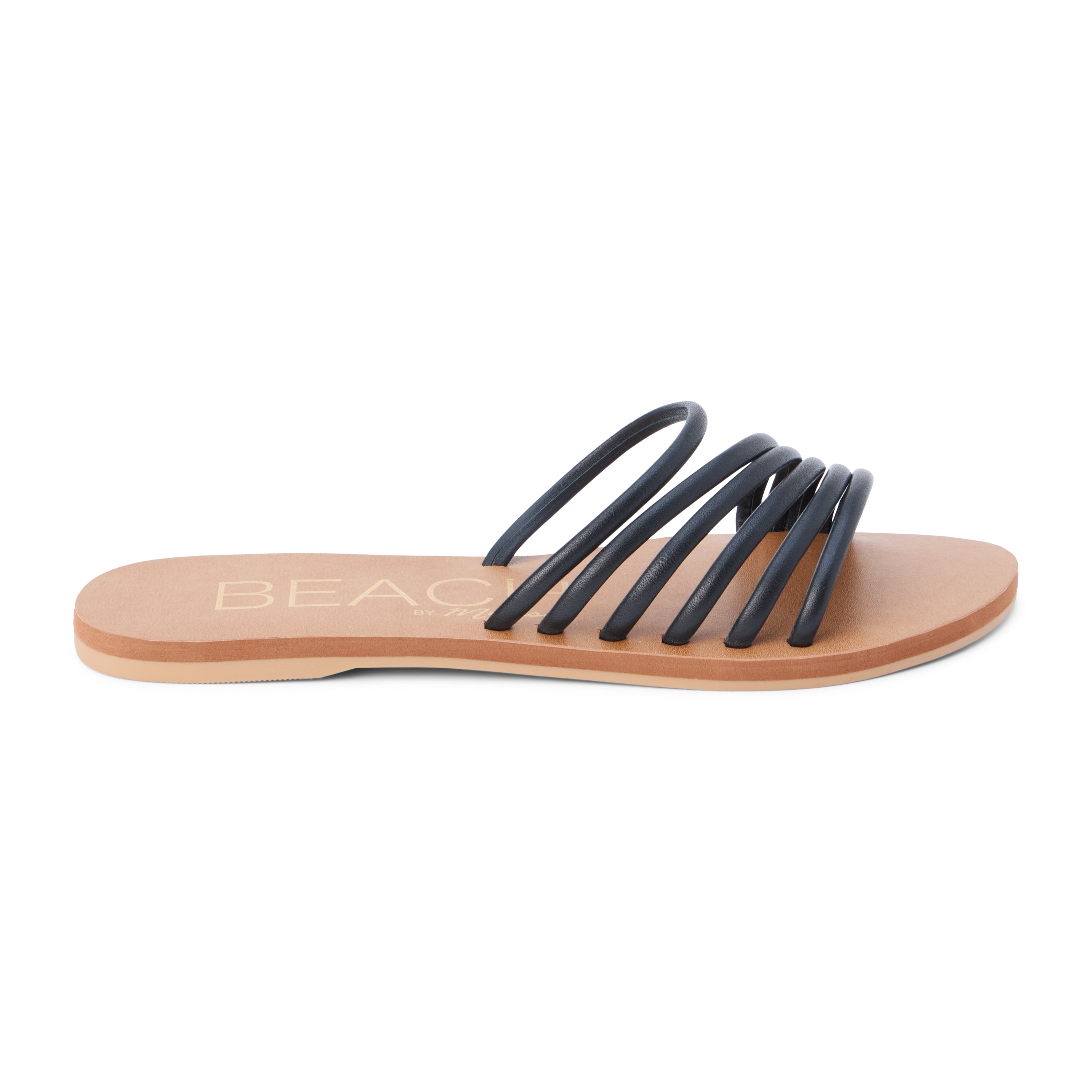Black leather flat slide sandal with slim multi straps and open toe, shown on a white background.