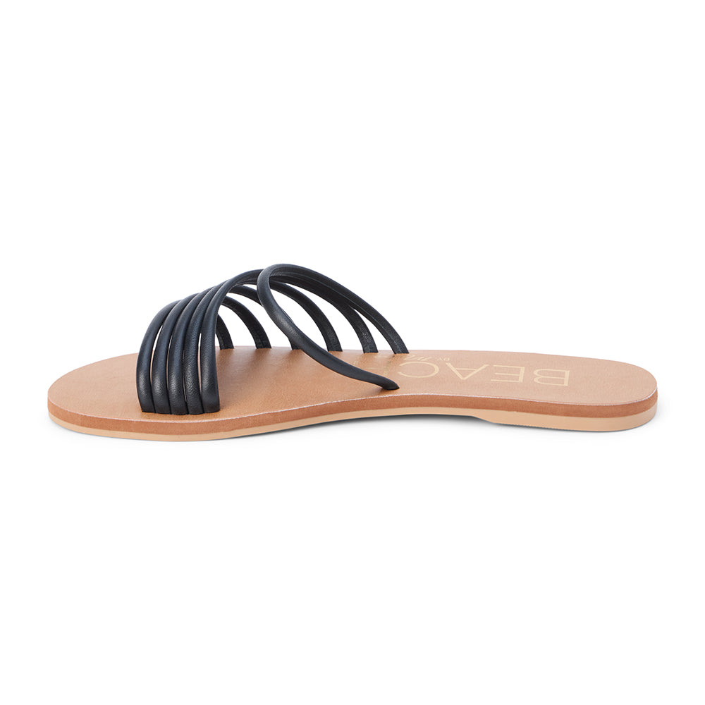 Black leather flat slide sandal with slim multi straps and open toe, shown on a white background.
