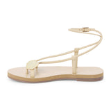 Ivory leather sandal with thin straps and wraparound ankle strap shown on a white background.