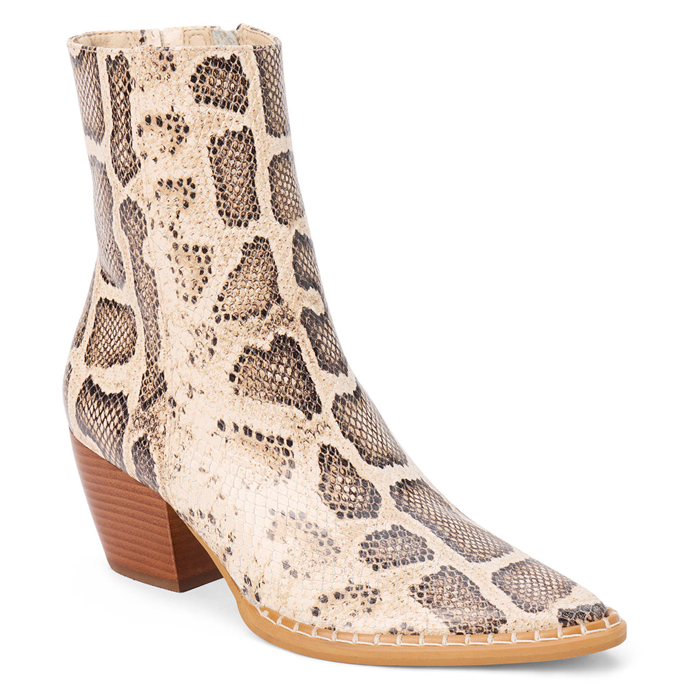Ivory and brown snake-print leather ankle boot with a rounded square toe and stacked block heel shown on a white background.