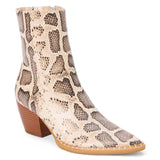 Ivory and brown snake-print leather ankle boot with a rounded square toe and stacked block heel shown on a white background.