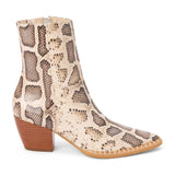 Ivory and brown snake-print leather ankle boot with a rounded square toe and stacked block heel shown on a white background.