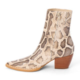 Ivory and brown snake-print leather ankle boot with a rounded square toe and stacked block heel shown on a white background.