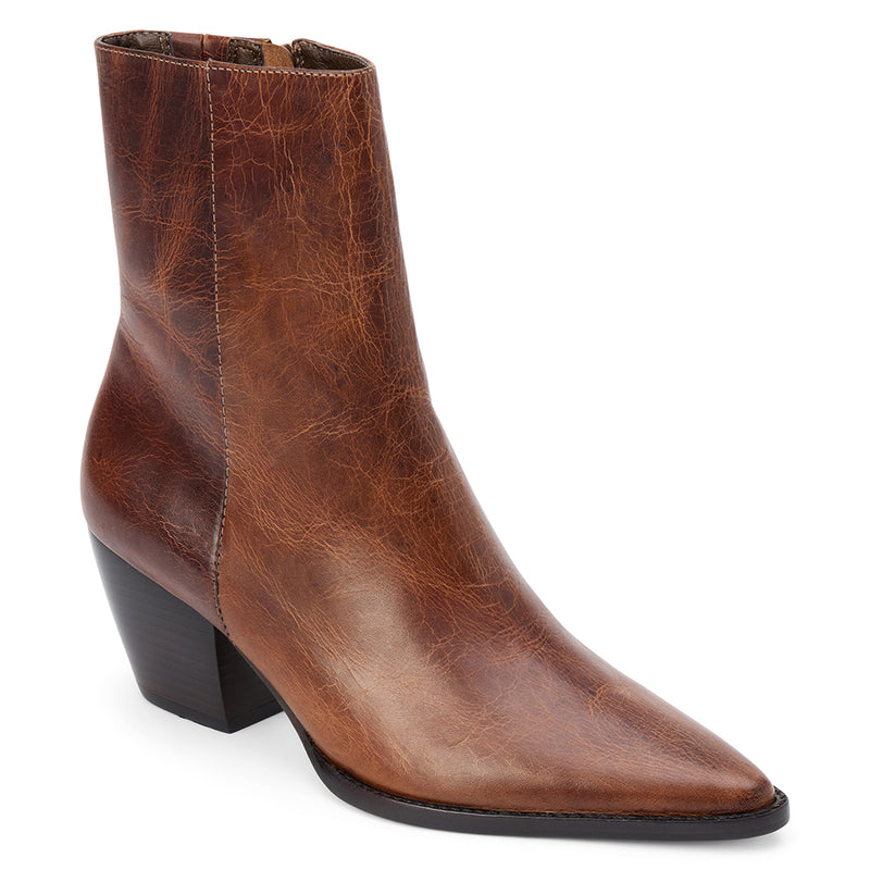 Caty Ankle Boot – Matisse Footwear – Cognac leather ankle boot with a distressed finish, pointed toe, and western block heel.