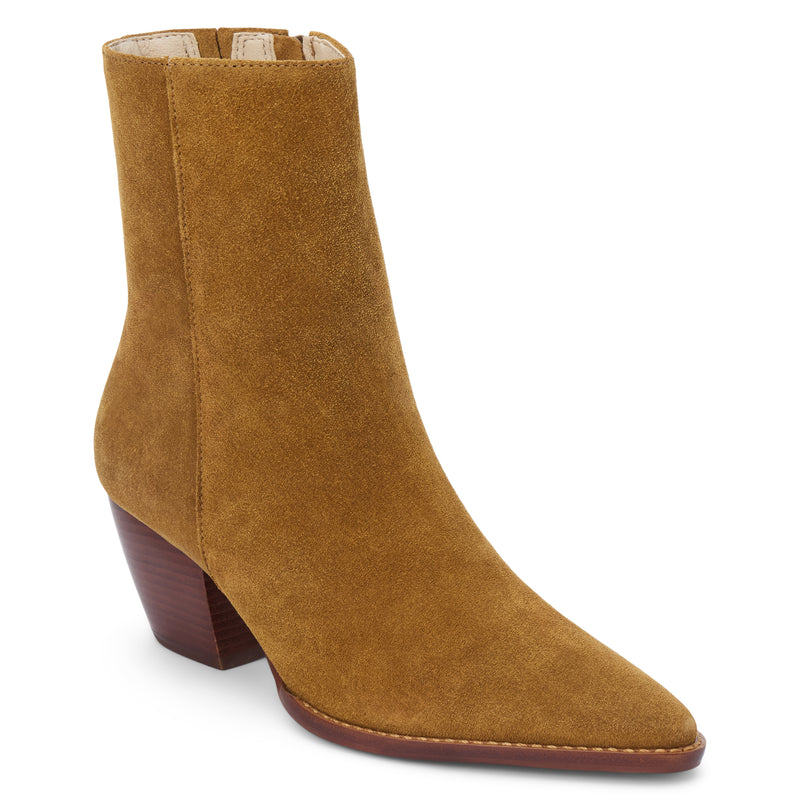 Caty Ankle Boot – Matisse Footwear – Tan suede western-inspired boot with pointed toe and stacked heel.