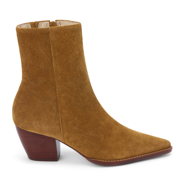 Caty Ankle Boot – Matisse Footwear – Tan suede western-inspired boot with pointed toe and stacked heel.