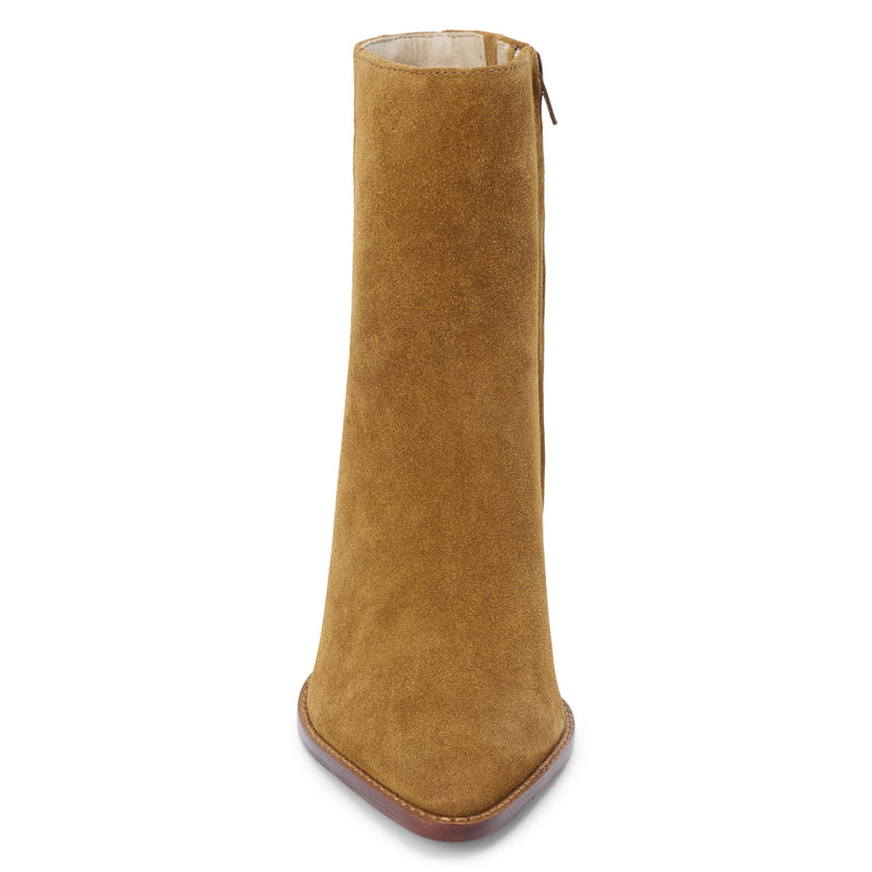 Caty Ankle Boot – Matisse Footwear – Tan suede western-inspired boot with pointed toe and stacked heel.