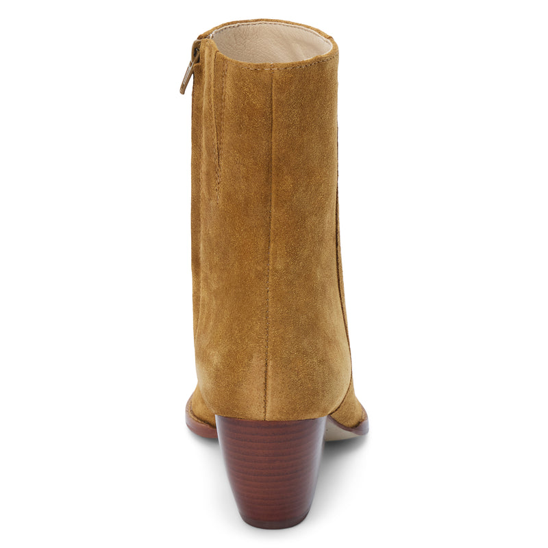 Caty Ankle Boot – Matisse Footwear – Tan suede western-inspired boot with pointed toe and stacked heel.