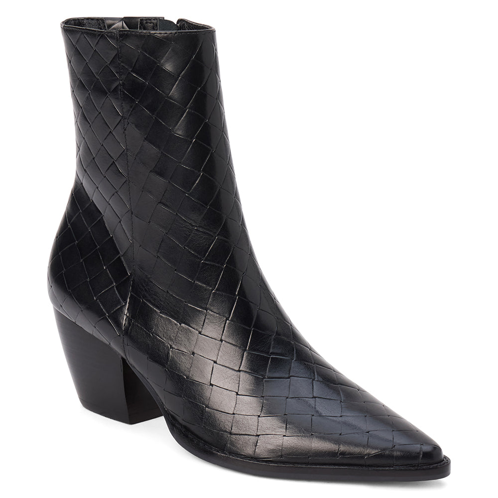 Black woven leather ankle boot with a rounded square toe and stacked block heel shown on a white background.