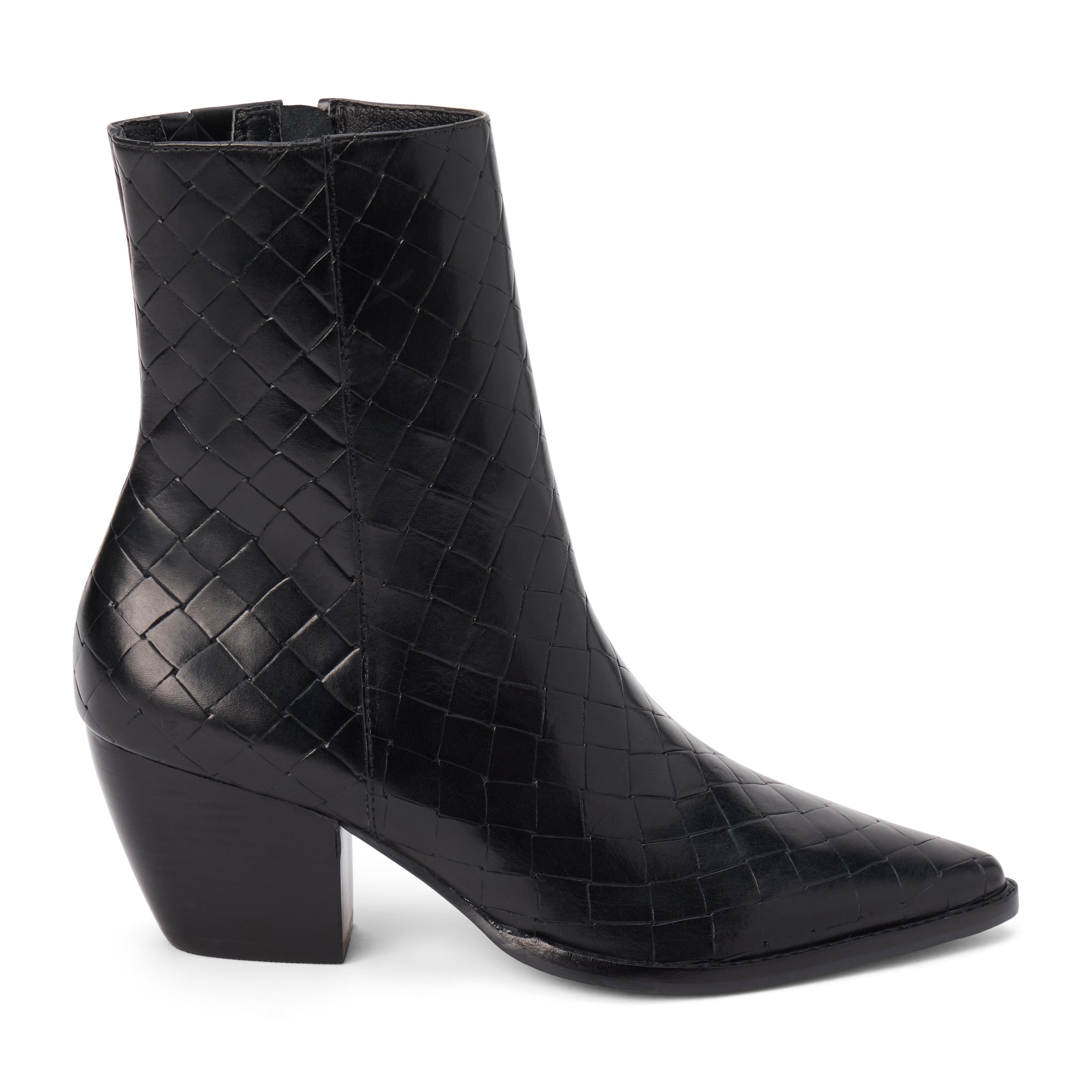 Black woven leather ankle boot with a rounded square toe and stacked block heel shown on a white background.