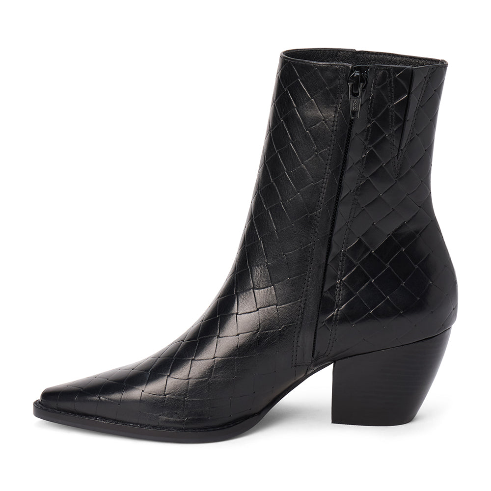 Black woven leather ankle boot with a rounded square toe and stacked block heel shown on a white background.