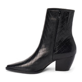 Black woven leather ankle boot with a rounded square toe and stacked block heel shown on a white background.
