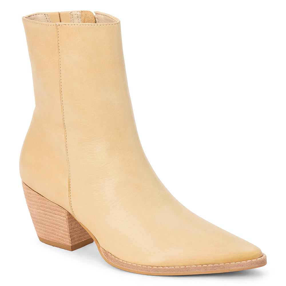 Tan leather ankle boot with a rounded square toe, stacked block heel, and smooth upper shown on a white background.