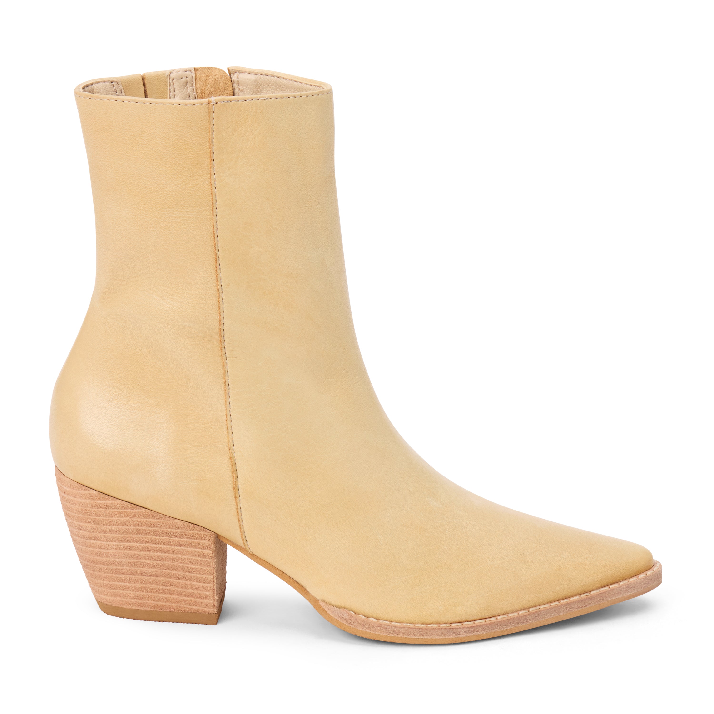 Tan leather ankle boot with a rounded square toe, stacked block heel, and smooth upper shown on a white background.