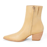 Tan leather ankle boot with a rounded square toe, stacked block heel, and smooth upper shown on a white background.