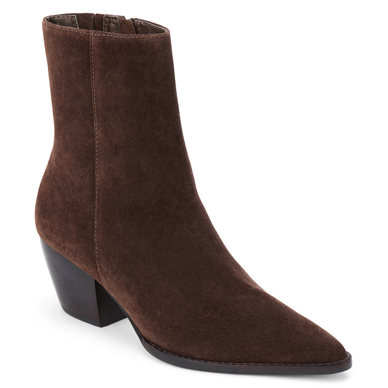Caty Ankle Boot – Matisse Footwear – Brown suede western-inspired boot with pointed toe and stacked heel.