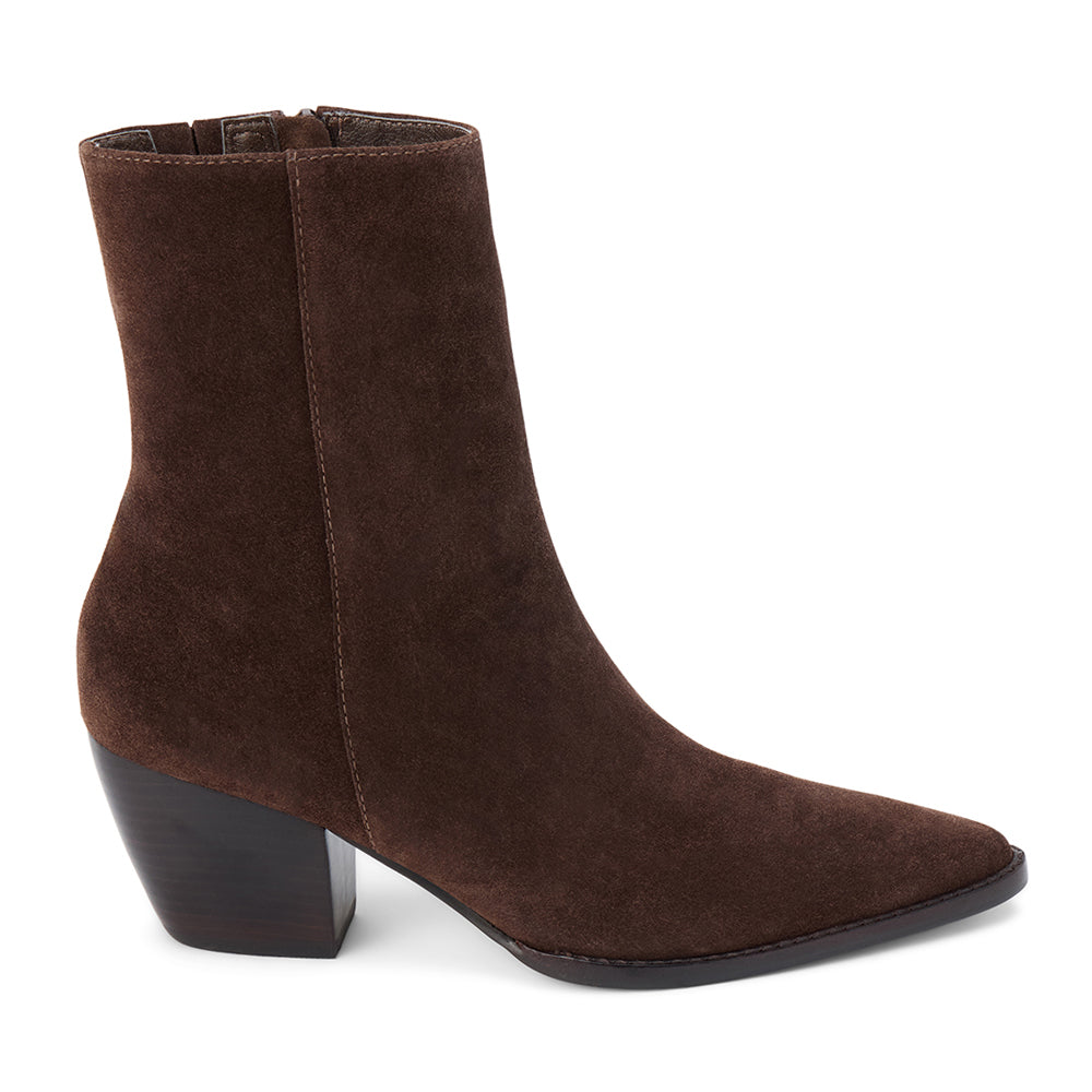 Caty Ankle Boot – Matisse Footwear – Brown suede western-inspired boot with pointed toe and stacked heel.