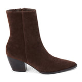 Caty Ankle Boot – Matisse Footwear – Brown suede western-inspired boot with pointed toe and stacked heel.