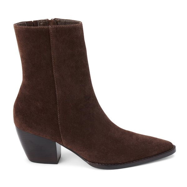 Caty Ankle Boot – Matisse Footwear – Brown suede western-inspired boot with pointed toe and stacked heel.