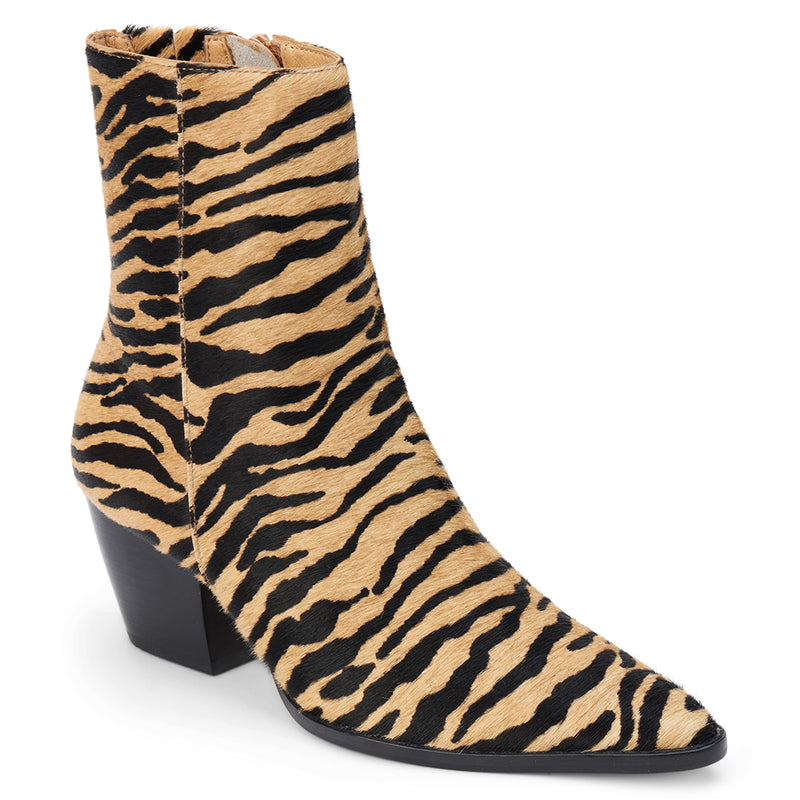 Caty Ankle Boot – Matisse Footwear – Tiger-print haircalf ankle boot with pointed toe and western block heel.