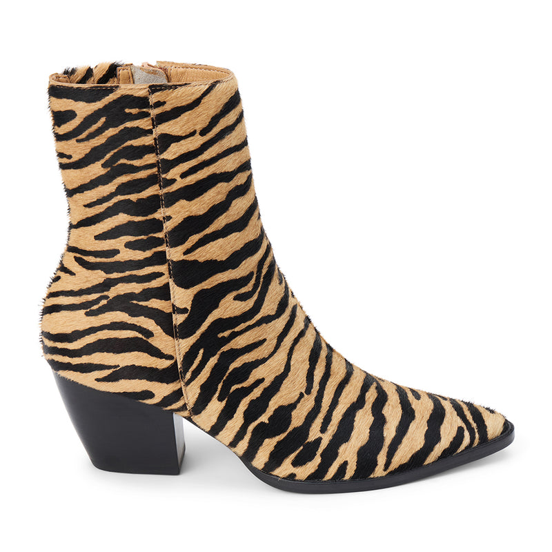 Caty Ankle Boot – Matisse Footwear – Tiger-print haircalf ankle boot with pointed toe and western block heel.
