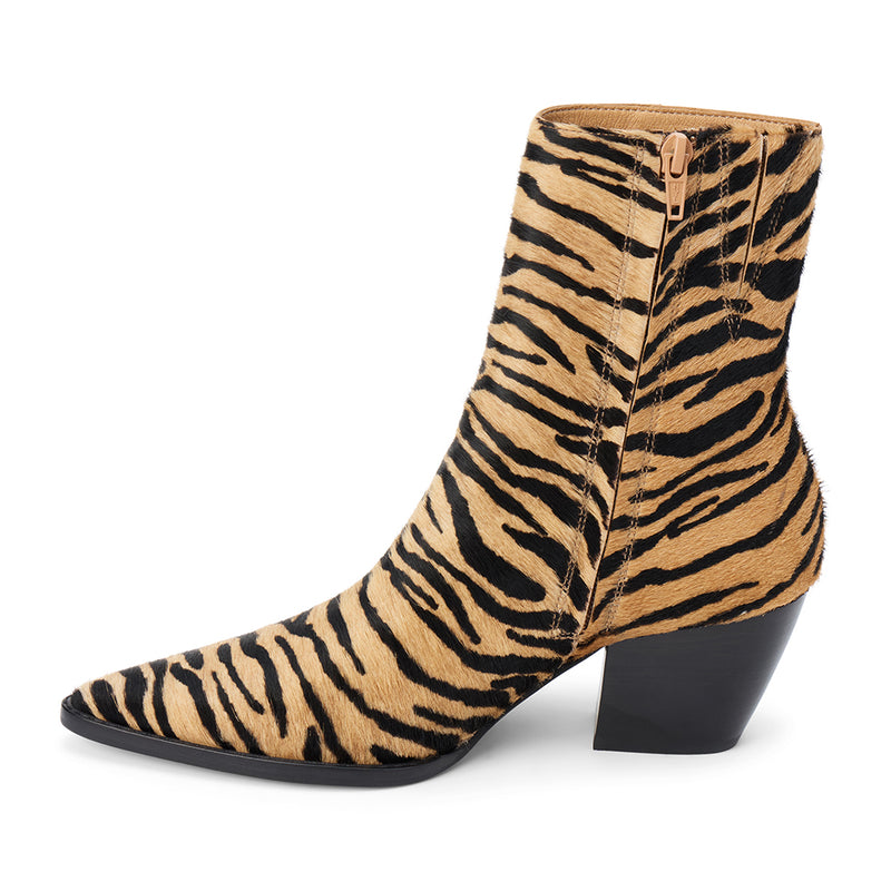 Caty Ankle Boot – Matisse Footwear – Tiger-print haircalf ankle boot with pointed toe and western block heel.