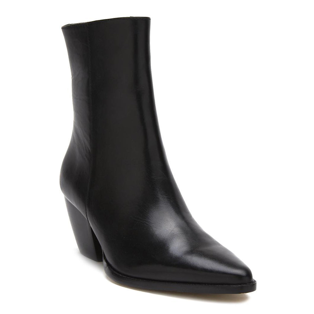 Black leather ankle boot on a white background