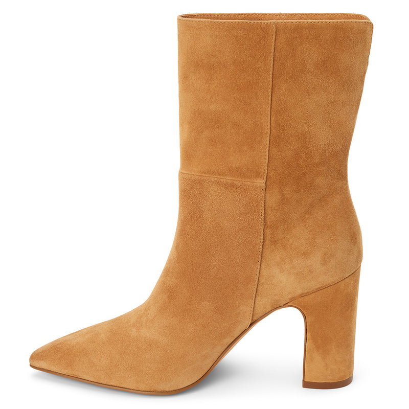 Celeste Heeled Boot – Matisse Footwear – Camel suede boot with pointed toe and high block heel.