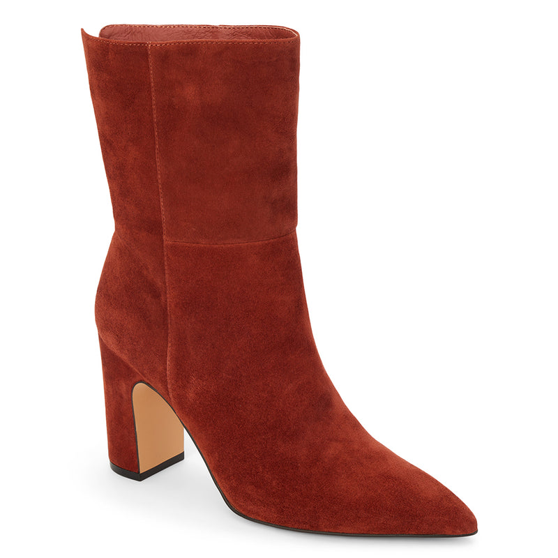 Celeste Heeled Boot – Matisse Footwear – Rust suede boot with pointed toe and high block heel.