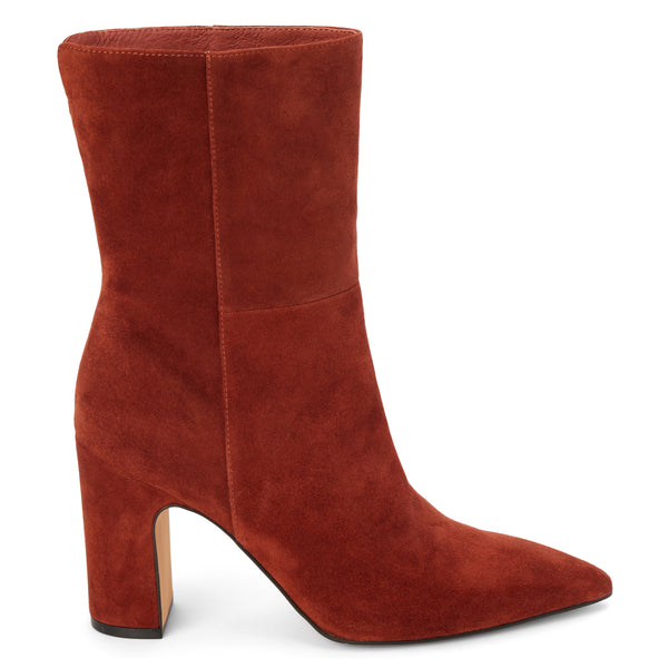 Celeste Heeled Boot – Matisse Footwear – Rust suede boot with pointed toe and high block heel.