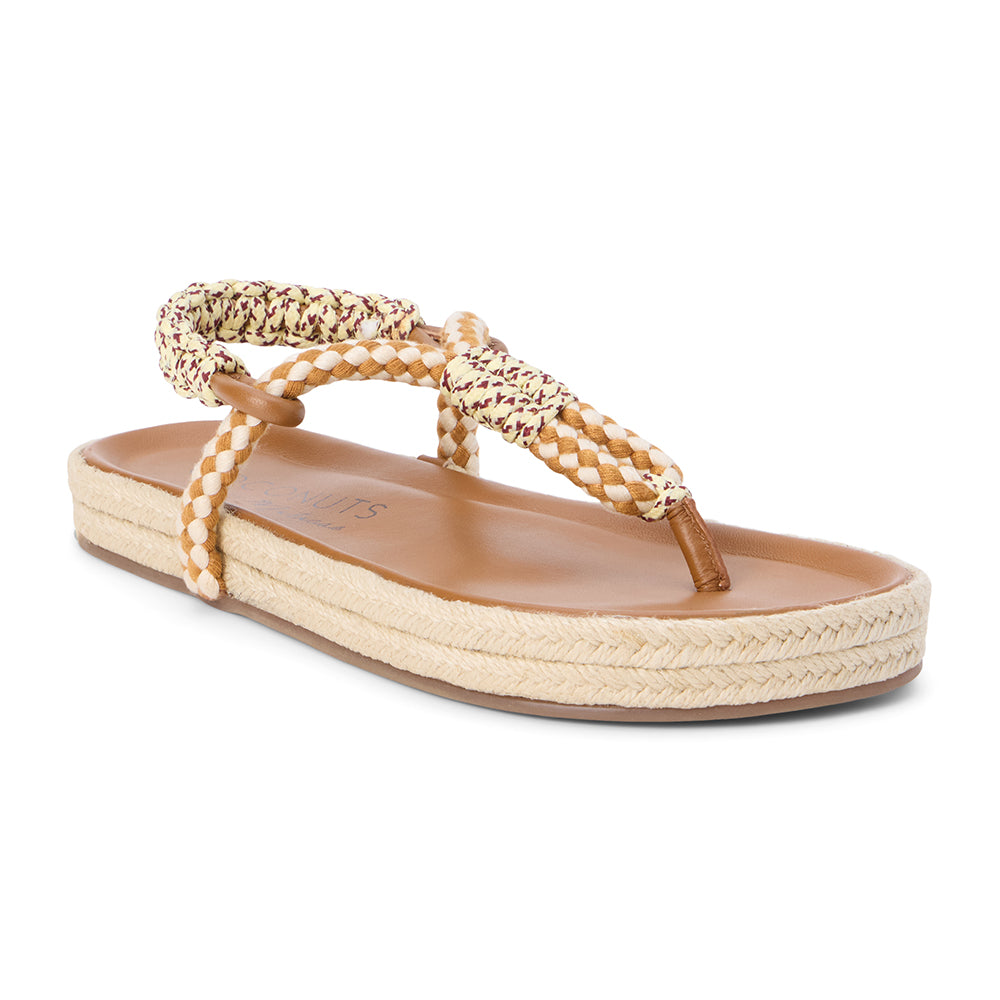 Tan and ivory braided thong sandal with multicolor accents and flat sole shown on a white background.