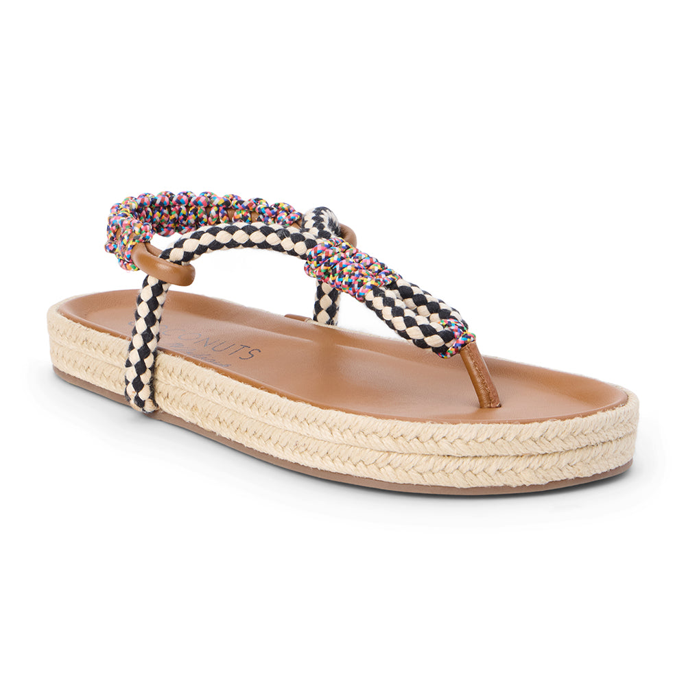 Black and white braided thong sandal with multicolor accents and flat sole shown on a white background.